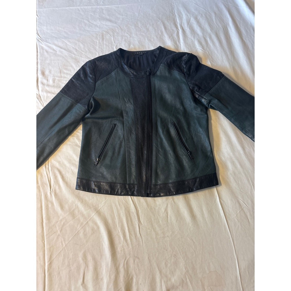Theory Leather Colorblock Moto Jacket Womens M Green‎ Black Excellent Zip Cuffs